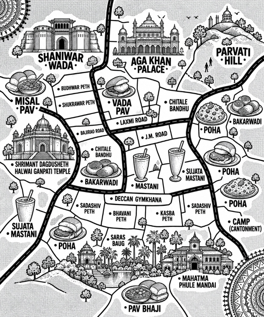 Hand-drawn illustrated map of Pune streets, heritage places, and iconic food spots