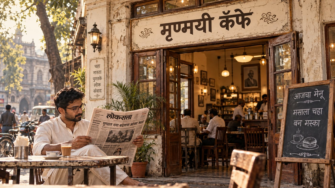 A leisurely afternoon in a heritage Pune wada café at golden hour with traditional teak interiors